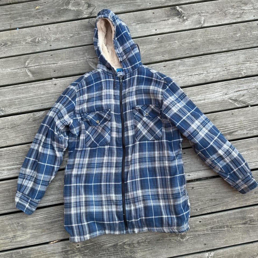 BTC Bay Trading Co Mens Blue Plaid Sherpa Lined Hooded Flannel Jacket Size M